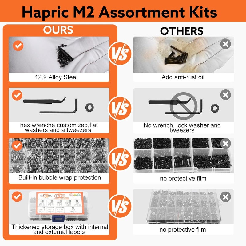Hapric 830 Pcs M2 Screws Kit Metric Bolts Kit M2*4mm/6mm/8mm/10mm/12mm/16mm/20mm Machine Screw Kit, 12.9 Alloy Steel Black Zinc Plated Hex Socket Head Screws Nuts Bolts and Washers Set - Image 5